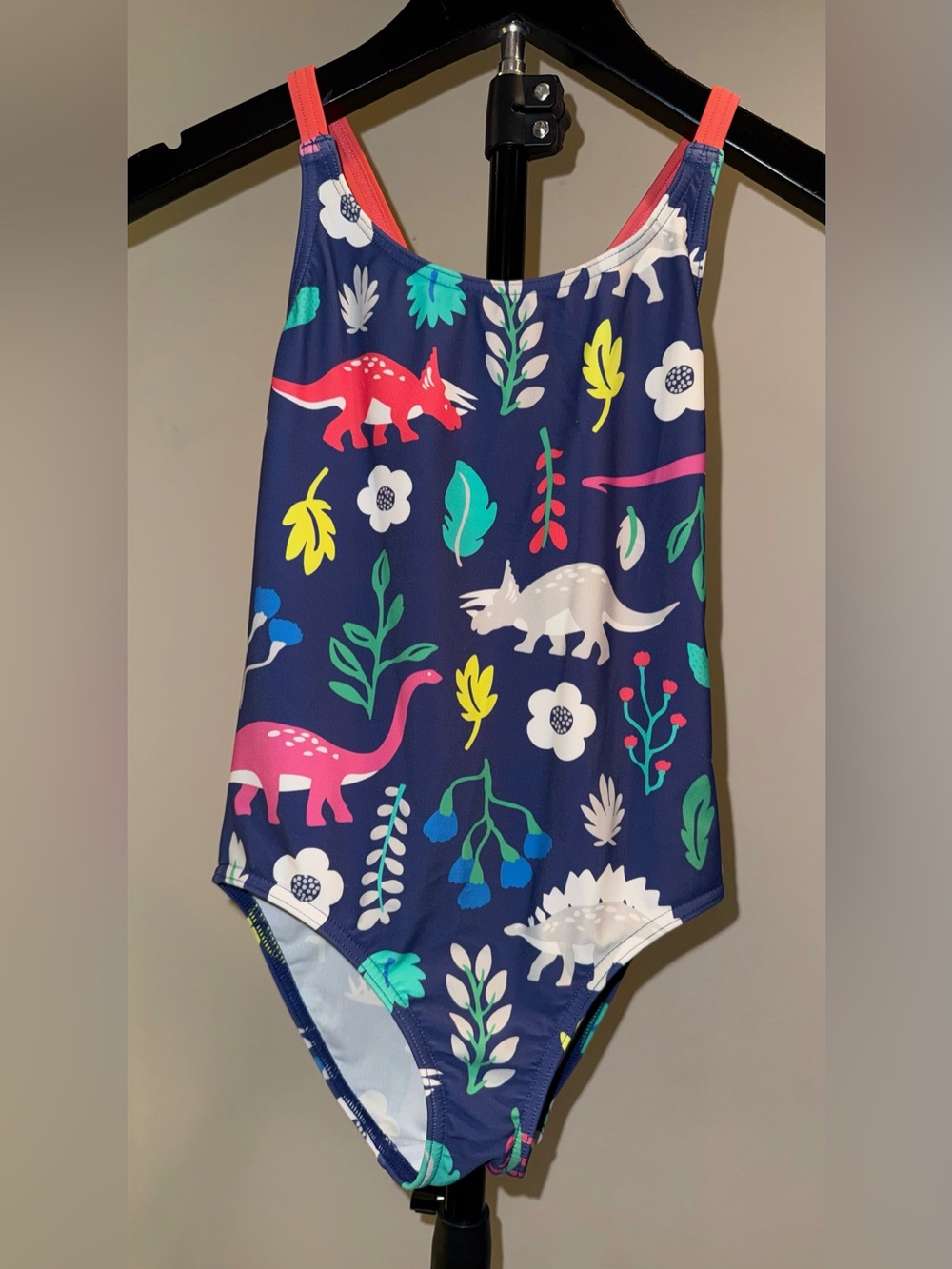 Mini Boden dinosaur print swimsuit with cross cross straps, size 7/8